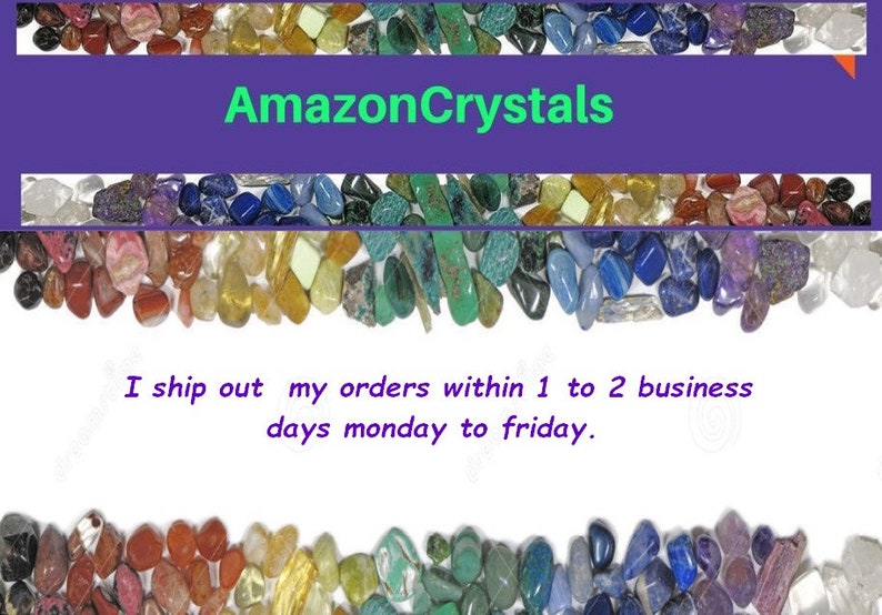 May include: A collection of polished, multi-colored tumbled stones arranged in horizontal bands across the top and bottom of the frame. The text AmazonCrystals appears in green on a purple background at the top of the image.