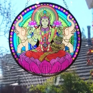 Gudinnan Lakshmi hinduisk konst, solfångare i glas, välståndsidol på lotus, tempeldekor (15 cm diameter)