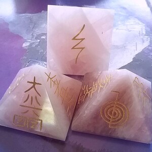 Rose Quartz Pyramid; Reiki Symbol Engraved, Pink Healing Stone image 2