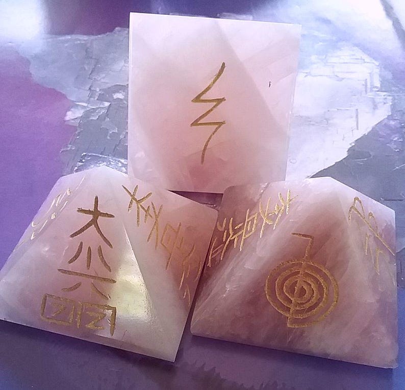Rose Quartz Pyramid; Reiki Symbol Engraved, Pink Healing Stone image 2