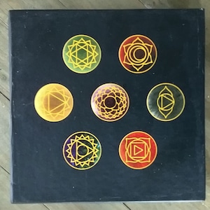 Engraved Chakra Stone Set: Round Crystals, Gold Symbols, Boxed