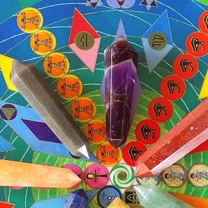 May include: Five polished crystal points in purple, gray, red, orange, and light green are arranged on a circular board featuring colorful geometric patterns, zodiac symbols, and Egyptian iconography including the Eye of Horus and ankh.