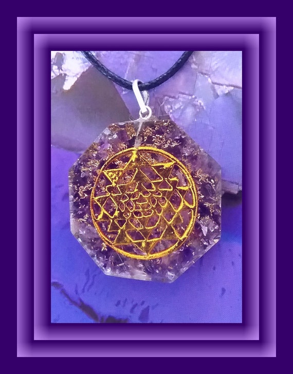 Amethyst Orgone Pendant, Gold Sri Yantra, Sacred Geometry