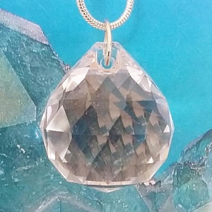 CRYSTAL QUARTZ PENDANT, Extra Large Stunning 150 Carat Diamond Cut Solid Crystal Necklace With Silver Chain, Faceted Clear Quartz Pendant