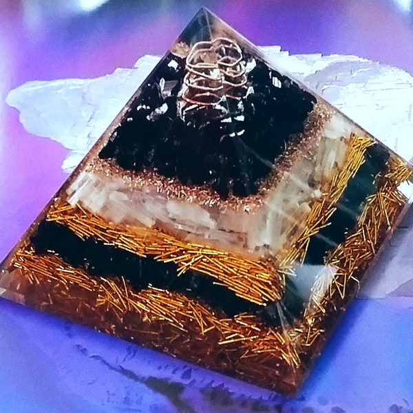 ORGONE Pyramid With Black Tourmaline, SHUNGITE Selenite, Gold Rods and Crystal Quartz Point with Copper, EmF Blaster