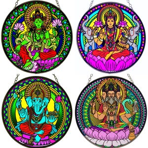 Hindu Deity Suncatcher: Stained Glass Ganesha, Tara, Lakshmi, Brahma (6 Inch)