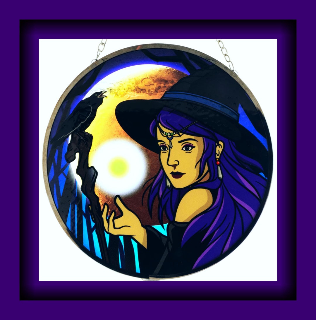 WITCH SUNCATCHER, 6 Stained Glass Look WICCAN Suncatcher With Magic Orb and Raven, Pagan