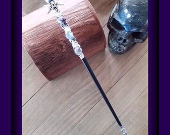 13 Inch Amethyst Triple Moon Magic Wand: Silver Pentagram, Ironwood Wiccan Ritual