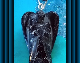 Hand Carved Black Tourmaline Angel Pendant Necklace: Grounding Crystal
