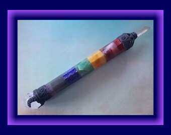 Chakra WAND with Faceted Quartz Point, Huge Crystal Wand with Chakra Stones, Chakra Energy Wand, 100% Organic Material Wand