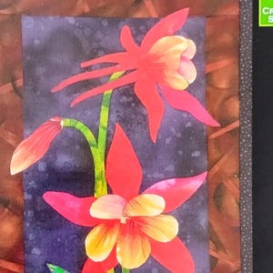 May include: A floral quilt pattern titled "Captivating Columbine" featuring a stylized columbine flower design. The image shows a red, pink, and yellow flower with green stems against a dark purple background. The dimensions are 11" x 18".