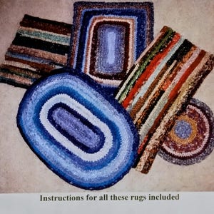 May include: Image of various handmade rugs in different shapes and colors. The rugs are made from scraps and include an oval blue rug, a rectangular blue rug, and a striped rug. The text "Get Hooked" and "Crochet Hook Included" are visible.