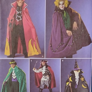May include: Simplicity costume pattern featuring various Halloween costume designs. The costumes include a devil, a joker, a pirate, a wizard, and a green-clad character. The pattern includes sizes BB L, XL, and European sizes G-XG and French sizes G-TG.