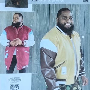May include: A sewing pattern package featuring a smiling person wearing a varsity jacket. The package includes the text "knowME" and "SIZE AA (34-36-38-40-42)". The package also includes a QR code for a sew-along video tutorial.