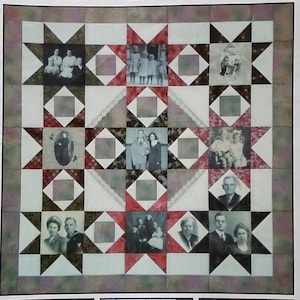 May include: A quilt pattern titled "Easy Big Blocks" by McCall's. The pattern features a star-shaped design with family photos in the center. The quilt is made with various fabrics in shades of red, brown, and white. The pattern is for a wall quilt.