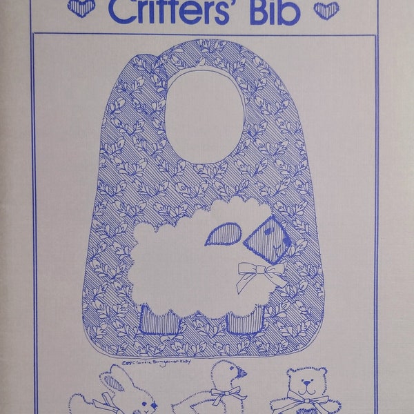 Critters' Bib pattern with duck, lamb, bear & bunny appliques designed by Kimberly A. Ake for Auld-Tyme Designs (1988) K5109