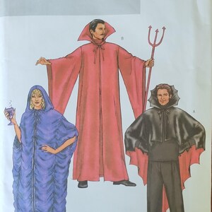 May include: Butterick B4259 sewing pattern featuring costume designs. The pattern includes a red cloak, a black cape with red lining, and a blue hooded robe. The pattern is for sizes L and XL.