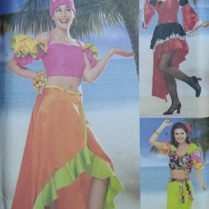 May include: Butterick pattern 6756 featuring three tropical-themed costume designs. The costumes include crop tops, skirts, and pants in bright colors like pink, orange, green, and floral prints. The image includes the text "ALL SIZES INCLUDED".