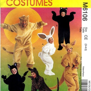 May include: McCall's Costumes pattern featuring various animal costumes, including a lion, bunny, bear, cat, kangaroo, and leopard. The costumes are shown in full body suits with attached hoods and tails. The pattern size is CE (3-4-5).