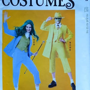 May include: McCall's costume pattern featuring two costumed figures. One figure wears a blue suit with a green vest and white boots, the other a yellow suit with a matching hat and black shoes. The pattern includes sizes H5 (6-8-10-12-14).