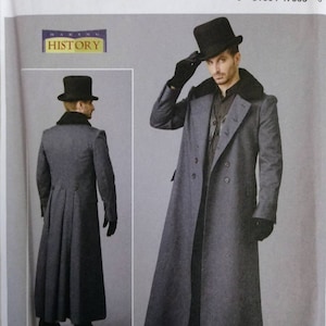 May include: A sewing pattern for a long gray coat with a black top hat and gloves. The pattern is labeled "B6609 Butterick" and includes a smaller image of the coat's back. The text "MAKING HISTORY" is also visible.