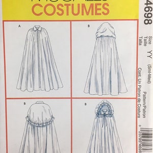 May include: A McCall's Costumes sewing pattern, M4698, featuring illustrations of capes with different collar and hood styles. The pattern includes sizes YY (Sml-Med). The image has a yellow and white background.
