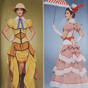 May include: Simplicity costume pattern featuring two vintage-style dresses. One is yellow with brown accents, a corset, and a hat. The other is red and white striped with a matching parasol and hat. The pattern includes sizes 6, 8, 10, 12, and 14.