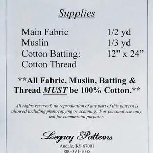 May include: A white paper with the title "Baked Potato & Tortilla Steamer" and a list of supplies including fabric, muslin, and cotton batting (12" x 24"). The text emphasizes that all materials must be 100% cotton.