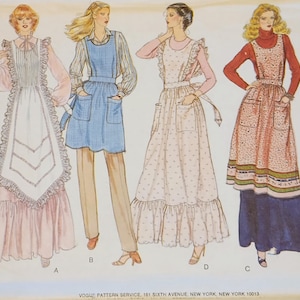 May include: Vogue Patterns sewing pattern featuring four apron designs. The aprons vary in style, with details like ruffles, pockets, and different skirt lengths. The pattern includes diagrams of the apron designs. The price is $3.50.