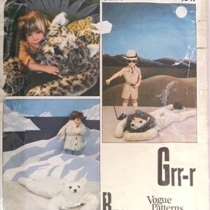 May include: A Vogue Patterns sewing pattern envelope titled Purr-r, Grr-r, and Brr-r, featuring illustrations of plush animal toys including a leopard, a lion, and a polar bear, alongside images of children wearing outfits matching the animal themes.