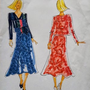 May include: Watercolor fashion illustration from Paw Prints Pattern Company. The image features two stylized figures wearing dresses. One is blue with floral patterns, the other is red. The text "PIECE BY PIECE" is at the bottom.