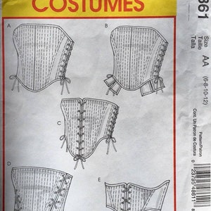 May include: A McCall's Costumes sewing pattern, M4861, featuring illustrations of five different corset designs. The pattern includes sizes AA (6-8-10-12). The cover is yellow with black and white illustrations and text.