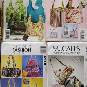 May include: Collection of sewing patterns for various bags and accessories. The patterns feature different bag styles, including tote bags, handbags, and backpacks. The patterns showcase a variety of designs, colors, and patterns, including floral, camouflage, and striped fabrics.