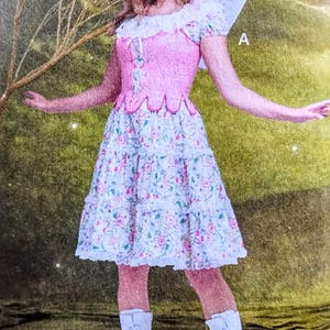 May include: A fairy costume featuring a pink bodice with floral detailing and a tiered floral skirt. The costume includes white lace-trimmed sleeves, a white collar, and a pair of white fairy wings. White knee-high socks complete the look.