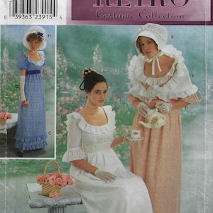 May include: Simplicity Retro Costume Collection sewing pattern featuring three women in period dresses. The pattern includes a blue floral dress, a white dress, and a pink floral dress. The pattern number is 9225.