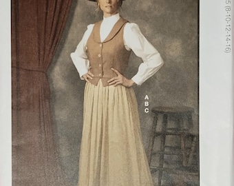 Patrón de disfraz del Viejo Oeste para mujer McCalls 8398: blusa de manga larga con botones al frente, chaleco y falda con volante en el bajo. SIN CORTAR FF (2023) K6064