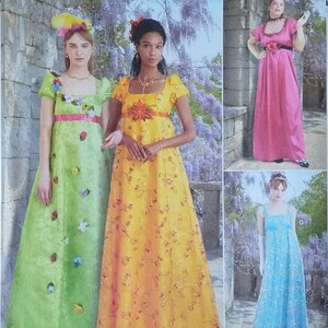 May include: Simplicity sewing pattern R11271 featuring four different long dresses. The dresses are in shades of green, yellow, pink, and blue. The pattern includes sizes 10-18. The Theater Modeste is also printed on the pattern.