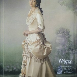 May include: Simplicity pattern 4244 for a Victorian bridal gown. The image shows a woman in a cream-colored dress with lace trim, a high collar, and a long train. The pattern includes sizes 6, 8, 10, and 12.