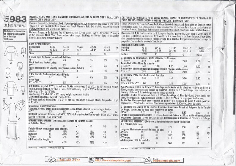 2002 Statue Of Liberty President Lincoln Costumes Pattern In Adult Sizes X Small Uncle Sam K1439 X Large Simplicity 5983 Uncut And Ff Craft Supplies Tools Hat Making Hair Crafts