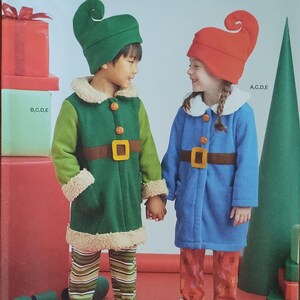 May include: Simplicity sewing pattern featuring children's elf costumes. The costumes include green and blue coats with faux fur trim, matching hats, belts, and booties. The pattern is designed for sizes 3-8.