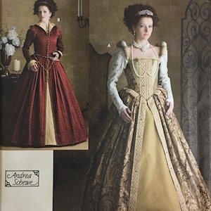 May include: Simplicity pattern 3782 for an Elizabethan costume. The pattern features two different dress designs, both with long skirts and detailed bodices. The image includes the text "Elizabethan costume" and size information.