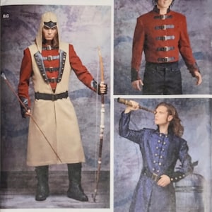 May include: Simplicity sewing pattern 8235 featuring medieval-style costumes. The pattern includes designs for a red jacket with buckles, a hooded vest and coat, and a blue coat with buttons. The pattern is size U.S. 38-44.