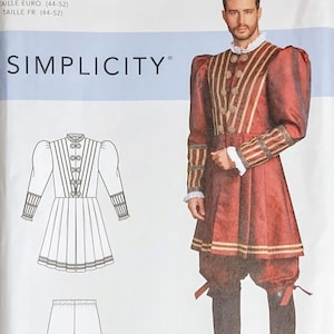 May include: Simplicity costume pattern featuring a Renaissance-style outfit. The pattern includes a long-sleeved tunic with gold trim, puffed sleeves, and matching breeches. The pattern also shows a man wearing the costume. The text on the pattern reads "COSTUME" and "SIMPLICITY".