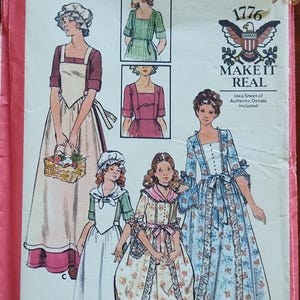 Butterick 4261 Girls' Bicentennial costumes pattern - Dress in two variations, overskirt, scarf, apron, hat  UNCUT FF (1976)  K6443