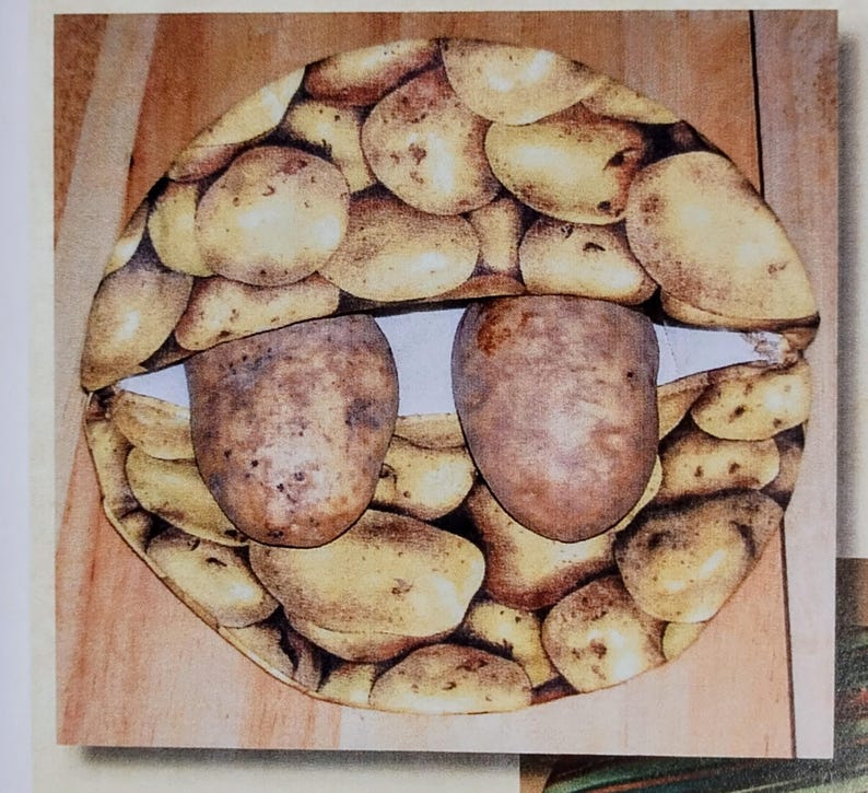 May include: A whimsical artwork featuring a potato-themed design. The image showcases a circular arrangement of small, light-brown potatoes, forming the outline of a face. Two larger potatoes are positioned to resemble eyes, creating a playful and unique composition.