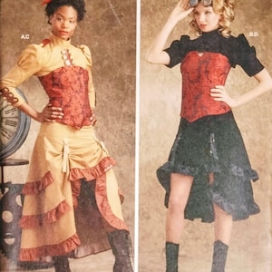 May include: Simplicity sewing pattern S9007 featuring two steampunk-inspired costume designs. One design includes a tan and red corset top and skirt, the other a black and red corset top and skirt. The pattern includes sizes 8-14.