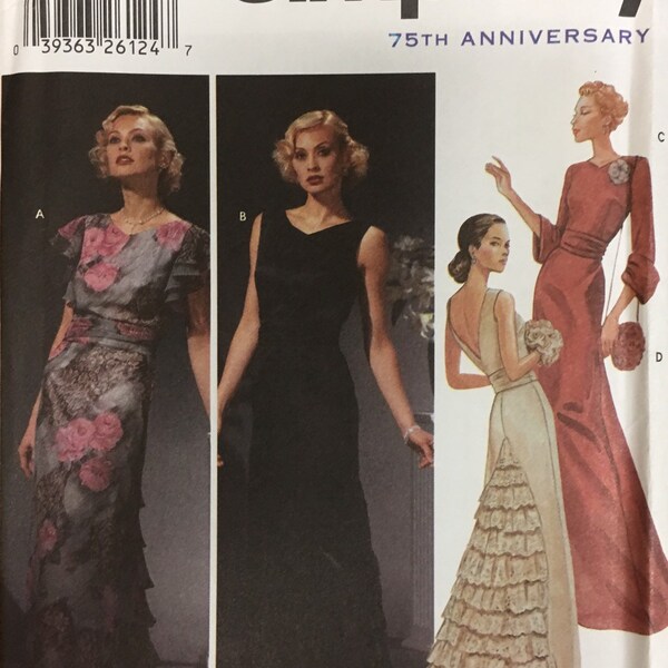 1920's Evening gowns pattern with back ruffle and sleeve variations, cummerbund, bag  Misses' sizes Simplicity 5876 UNCUT & FF (2002) K2186