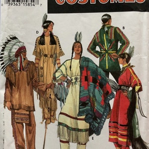 May include: Simplicity Costumes pattern featuring Native American-style outfits. The package displays various costume designs, including dresses, shirts, and pants, with fringe and decorative details. The costumes are in shades of brown, red, green, and cream.