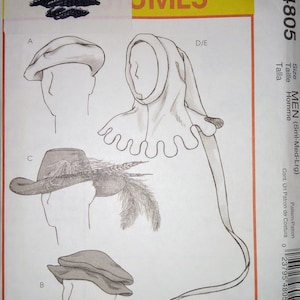 May include: A McCall's M4805 sewing pattern envelope for costumes featuring illustrations of various headwear styles including a flat cap, a hooded cowl with a scalloped edge, and a wide-brimmed hat adorned with long feathers on a white background.