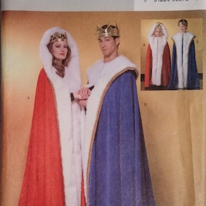May include: A sewing pattern by Butterick, B4316, featuring costumes. The main image shows a couple wearing royal capes with fur trim and crowns. The capes are red and blue. The pattern includes sizes X-Small to Large.